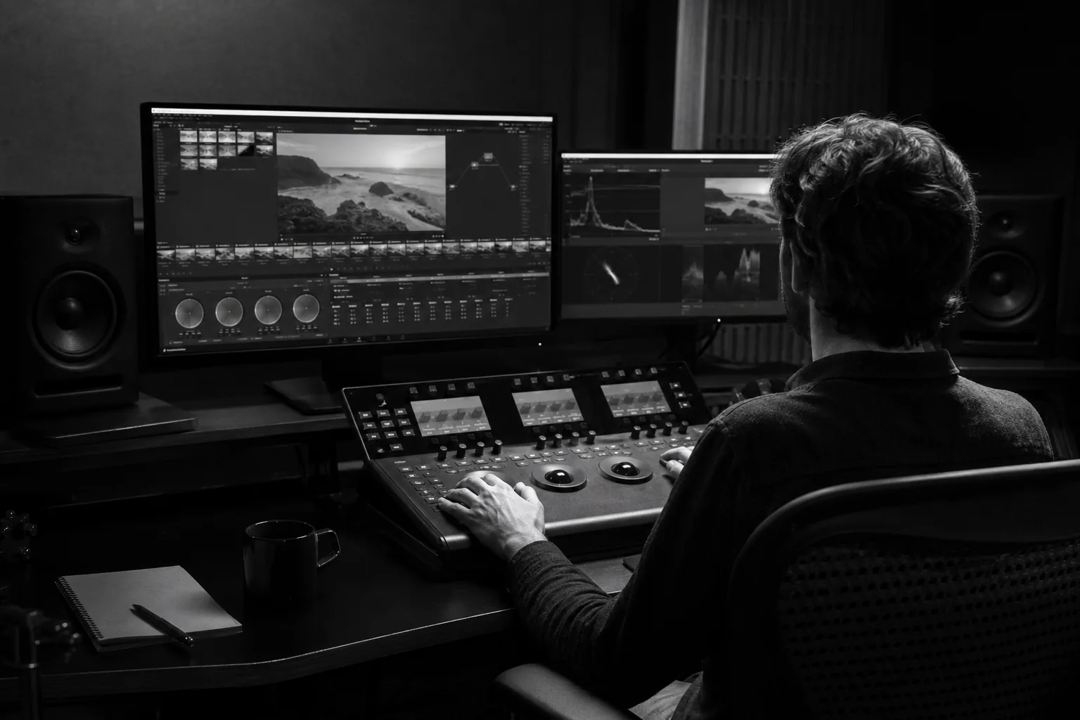 Colorista trabajando en una sala de edición y postproducción audiovisual