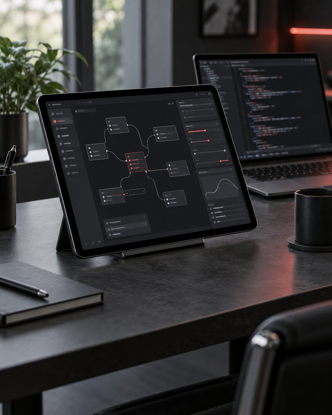Ilustración conceptual de una interfaz de configuración y automatización de software audiovisual