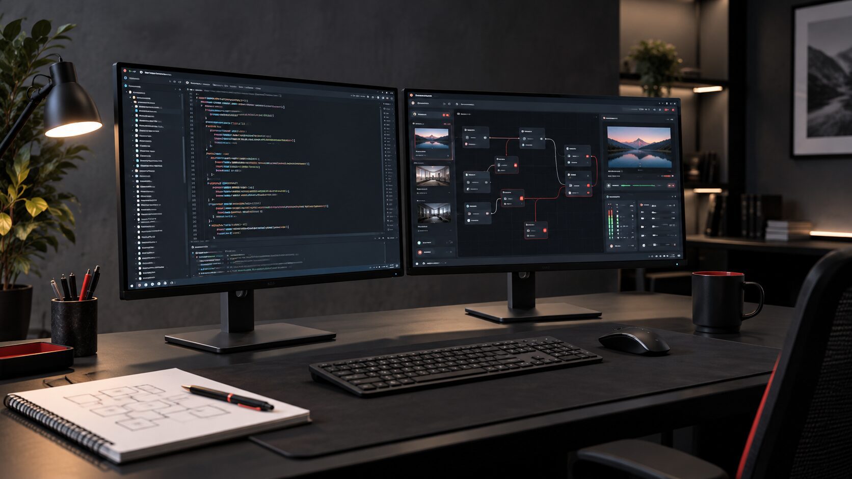Ilustración conceptual de un escritorio de programación y configuración audiovisual