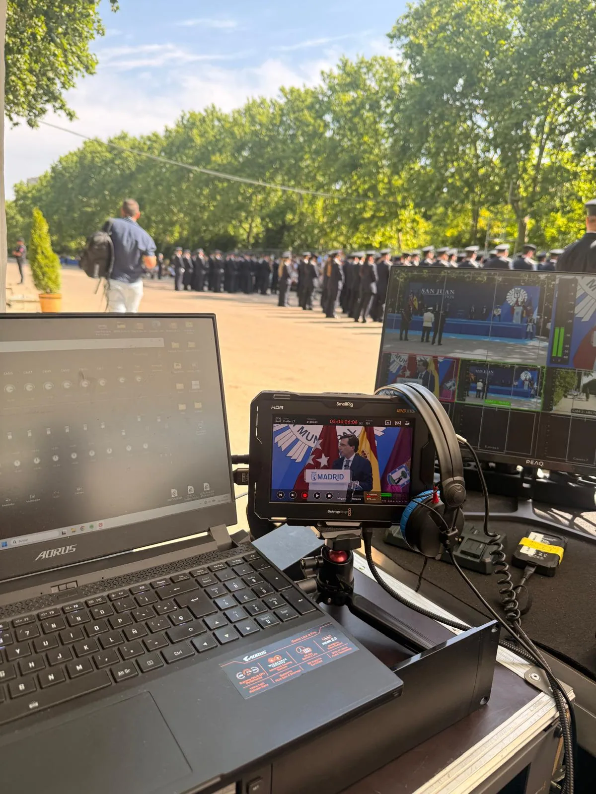 Puesto de monitorización del equipo de CS Stream en el desfile de la Policía Municipal de Madrid