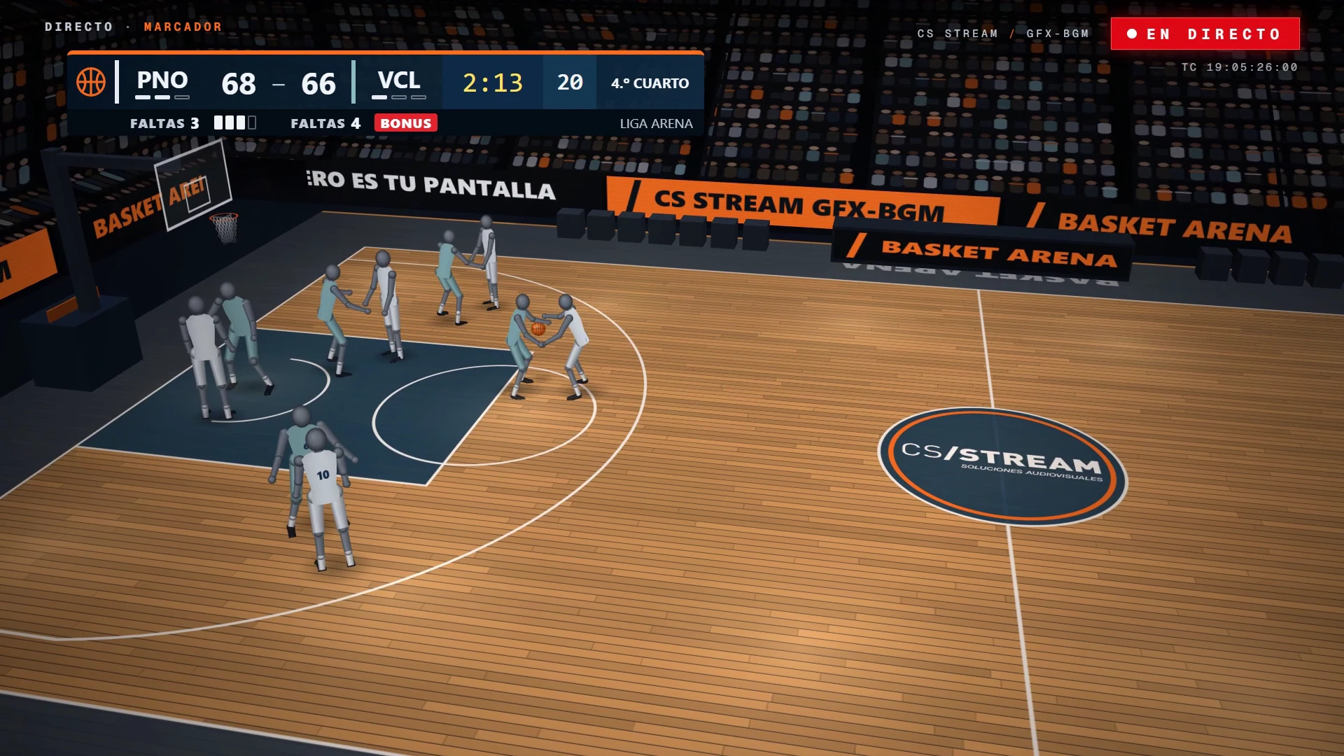 Basket Arena: retransmisión y pantallas de un pabellón simulado