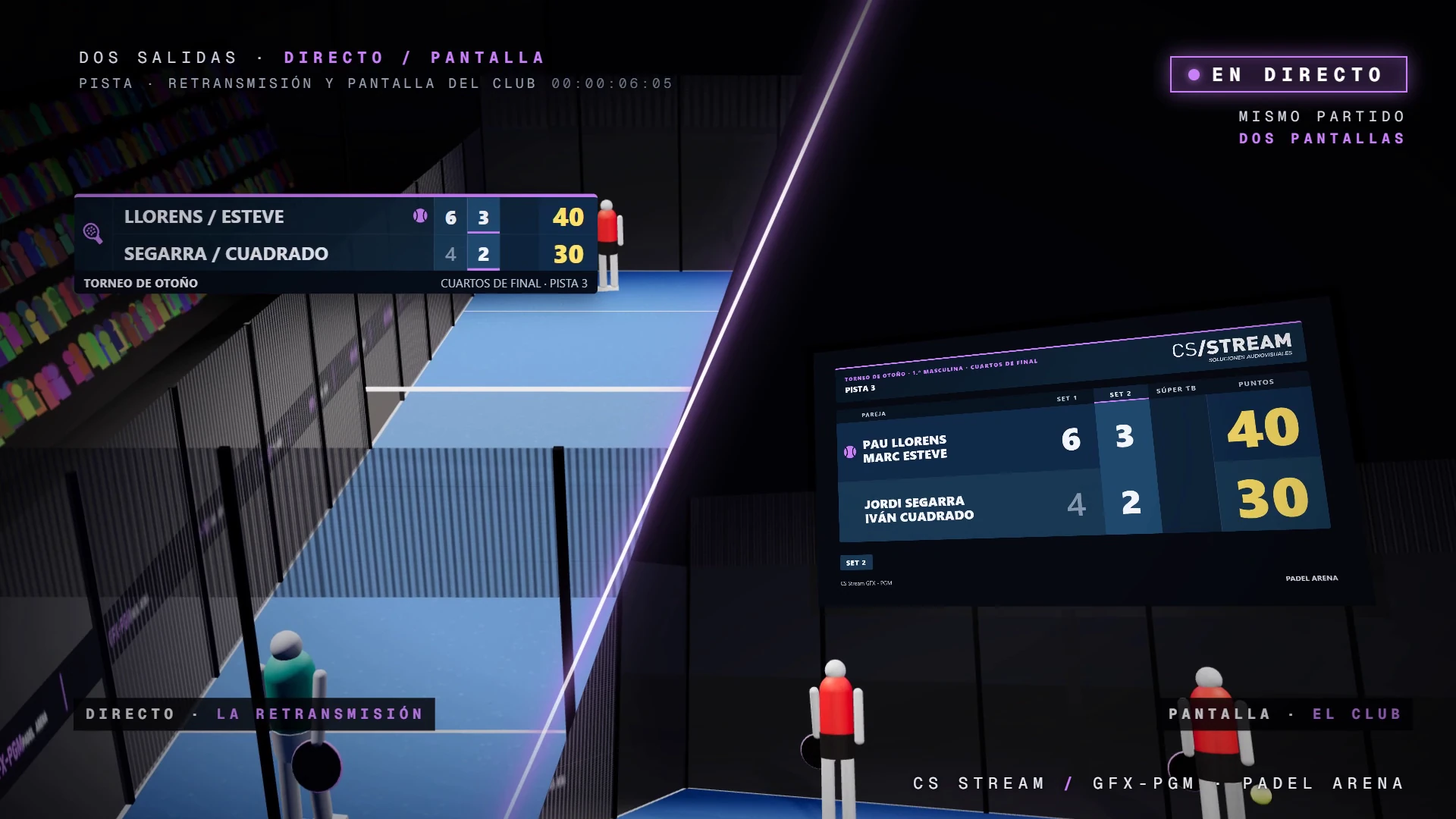 Padel Arena: marcador de retransmisión y pantalla de pista simulada