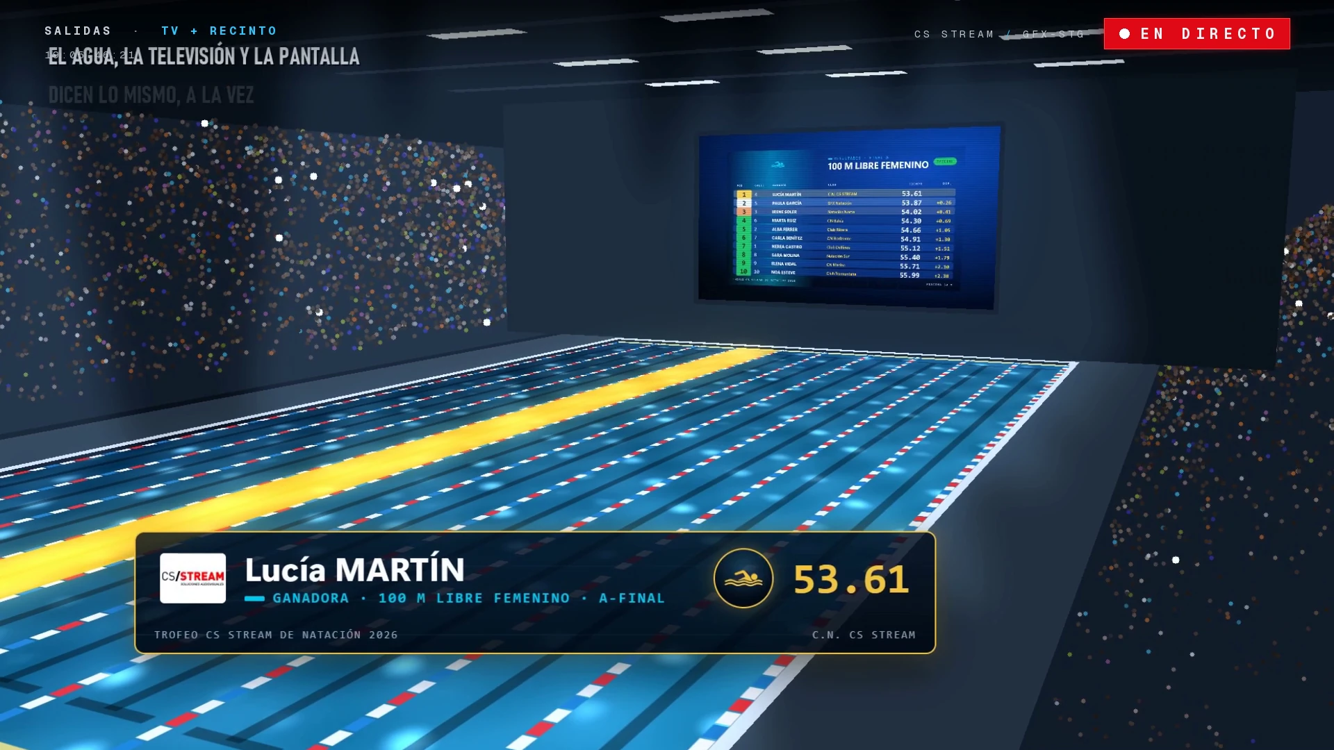 Aqua Arena: piscina simulada con grafismo de ganadora y pantalla de resultados